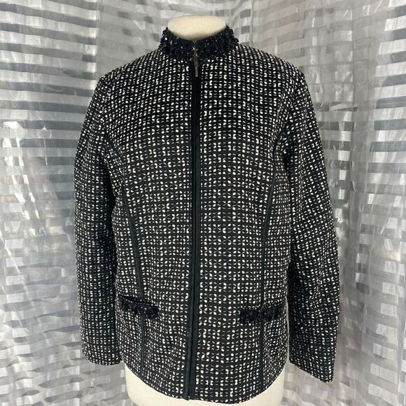 Chicos Black/White Tweed Beaded Collar Zip Up Jacket - Picture 1 of 7